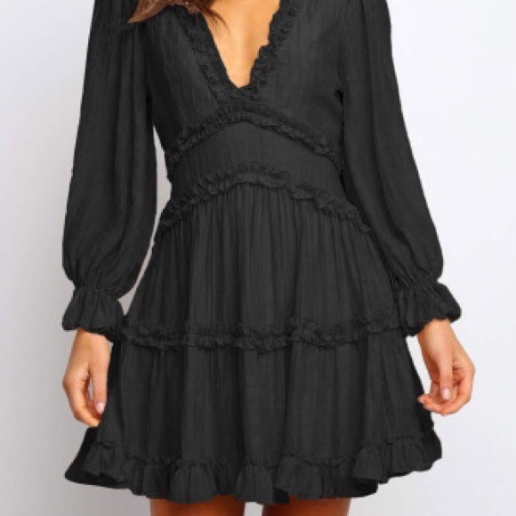 Sexy Black V-Neck Ruffle Open Back Dress - Picture 3 of 5